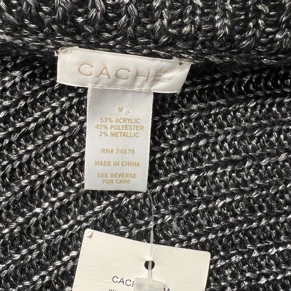 Cache Cardigan Sweater Medium Black Silver Metallic Knit Belted Shawl Collar New - Picture 11 of 14